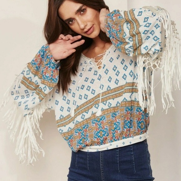 BNWT Free People Macra Maze Me Fringe Boho Top - Picture 1 of 7